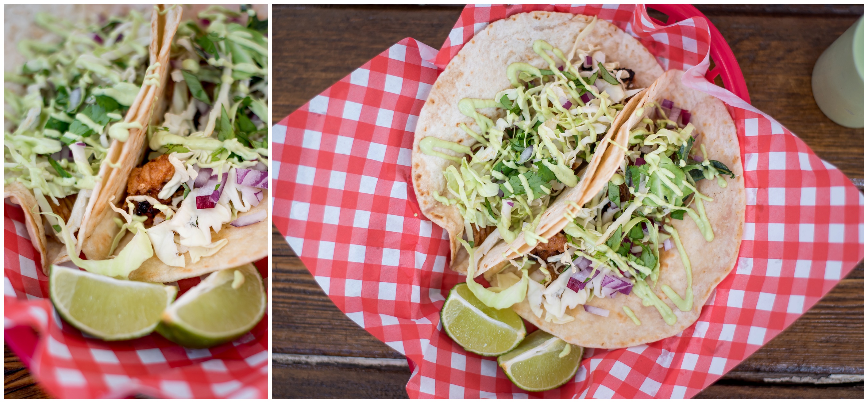 Blackened Fish Tacos: Particularly flaky, well seasoned white cod, warm tortillas with crunchy cabbage, and a smooth avocado sauce drizzled on top. 