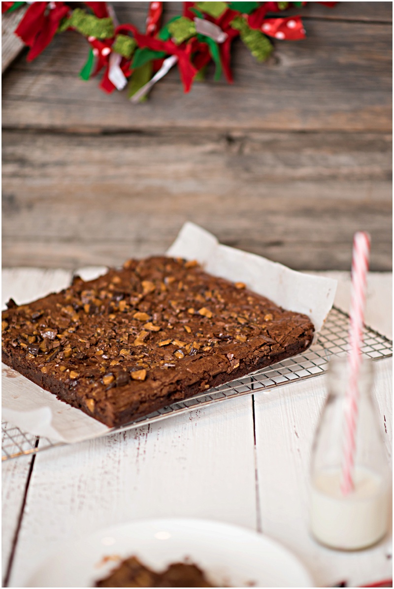 These Toffee Brownies will be your new go to chocolatey treat! Rich chocolate brownies topped with crunchy toffee candy pieces. 