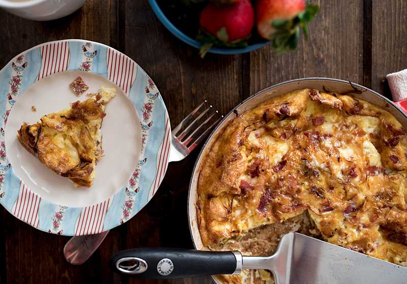 An easy to make frittata with crispy bacon, caramelized onions, and creamy brie cheese. Made it one pan-- brunch can't get any easier! 