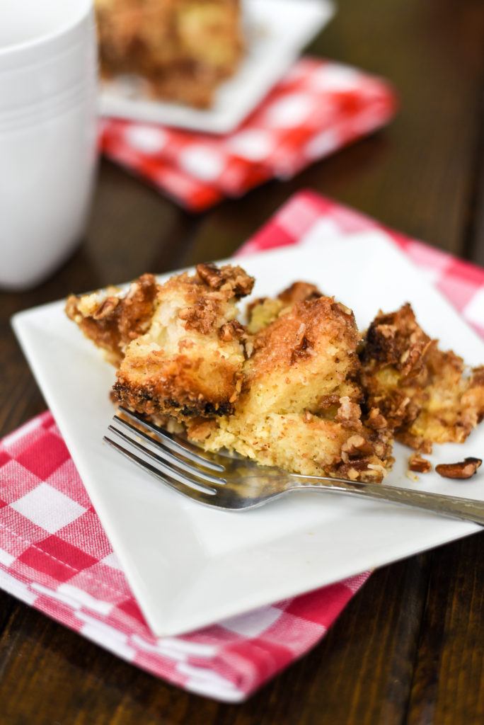 A crowd pleaser for sure! French toast casserole topped with a delicious cinnamon streusel to add a little crunch. Bonus: it can be prepared ahead of time. | Firstandfull.com