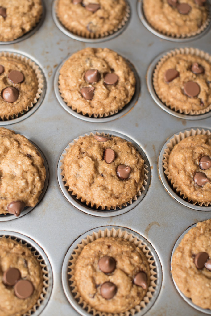 Banana Chocolate chip blender muffins mixed up in less than 5 minutes. Whole wheat flour, ripe bananas, chocolate chips and dairy-free milk. Muffins made in the blender. 