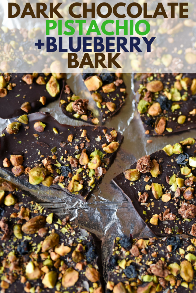 5 minute recipe for Dark Chocolate Pistachio Bark with dried blueberries, tasty pistachios, and crunchy granola. Tips for customization included! | firstandfull.com 