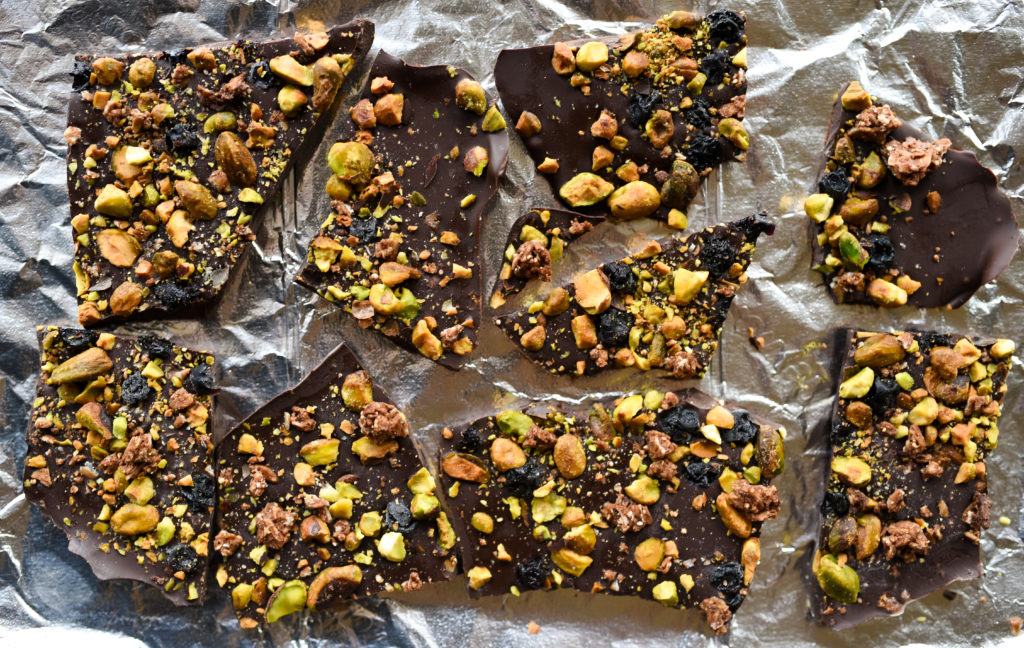 Dark Chocolate Pistachio Bark with Blueberries + Granola - First and Full