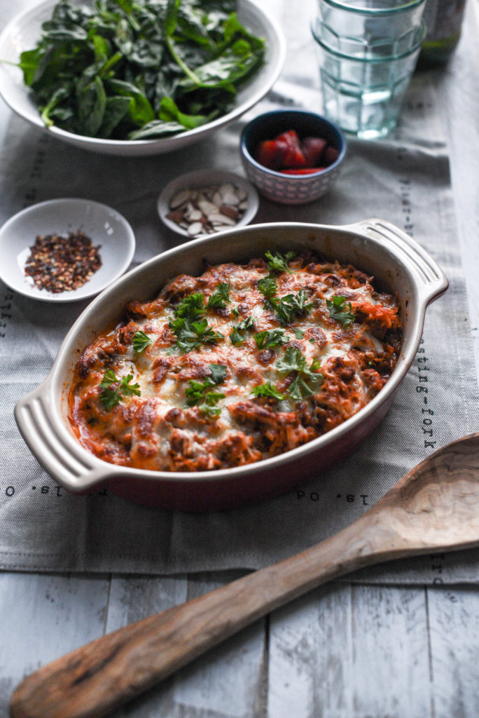 This spaghetti squash casserole is a lightened up version of your favorite baked Italian pasta dish. Also included: freezer tips and vegetarian options, from FirstandFull.com