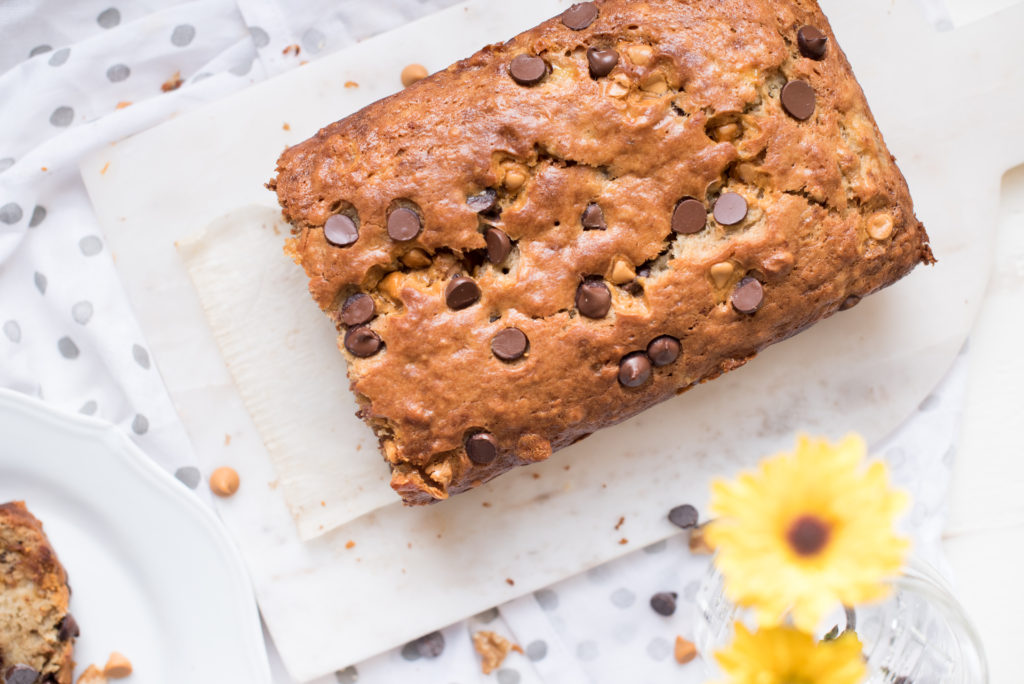 Butterscotch Banana Bread: Tender and moist banana bread packed with chocolate chips, butterscotch, and walnuts for a little crunch.