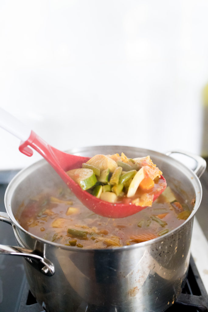 Another great “clean out the fridge” recipe: Vegetable Soup! I encourage you to treat this more as a framework than a recipe. Use what you have and prepare for soul- warming goodness; ladled into a bowl. This soup is surprisingly hearty and perfect for those crisp fall days as the temperatures start to drop.